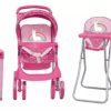 Set de 4 piezas Coche de Muñecas, Baby Silla, Silla de comer y Practicuna