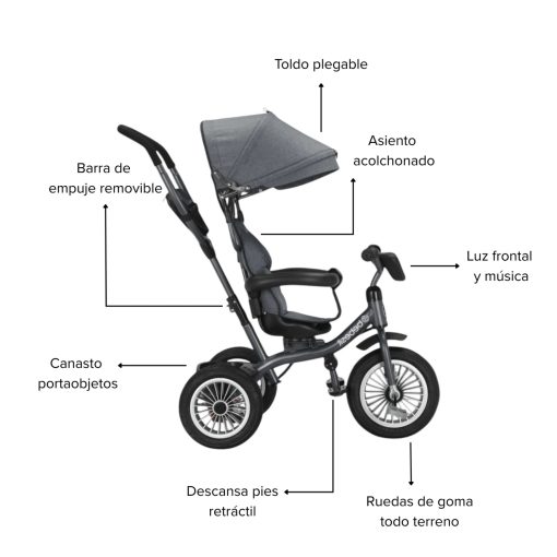 TRICICLO BEBESIT GIRATORIO 360 GRADOS GRIS - Imagen 4