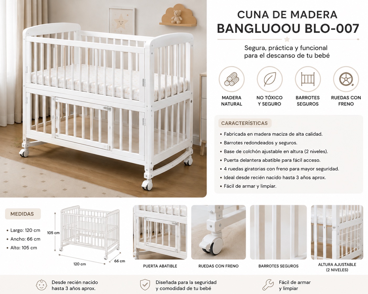 Cuna de Madera Maciza Convertible Fácil de Usar